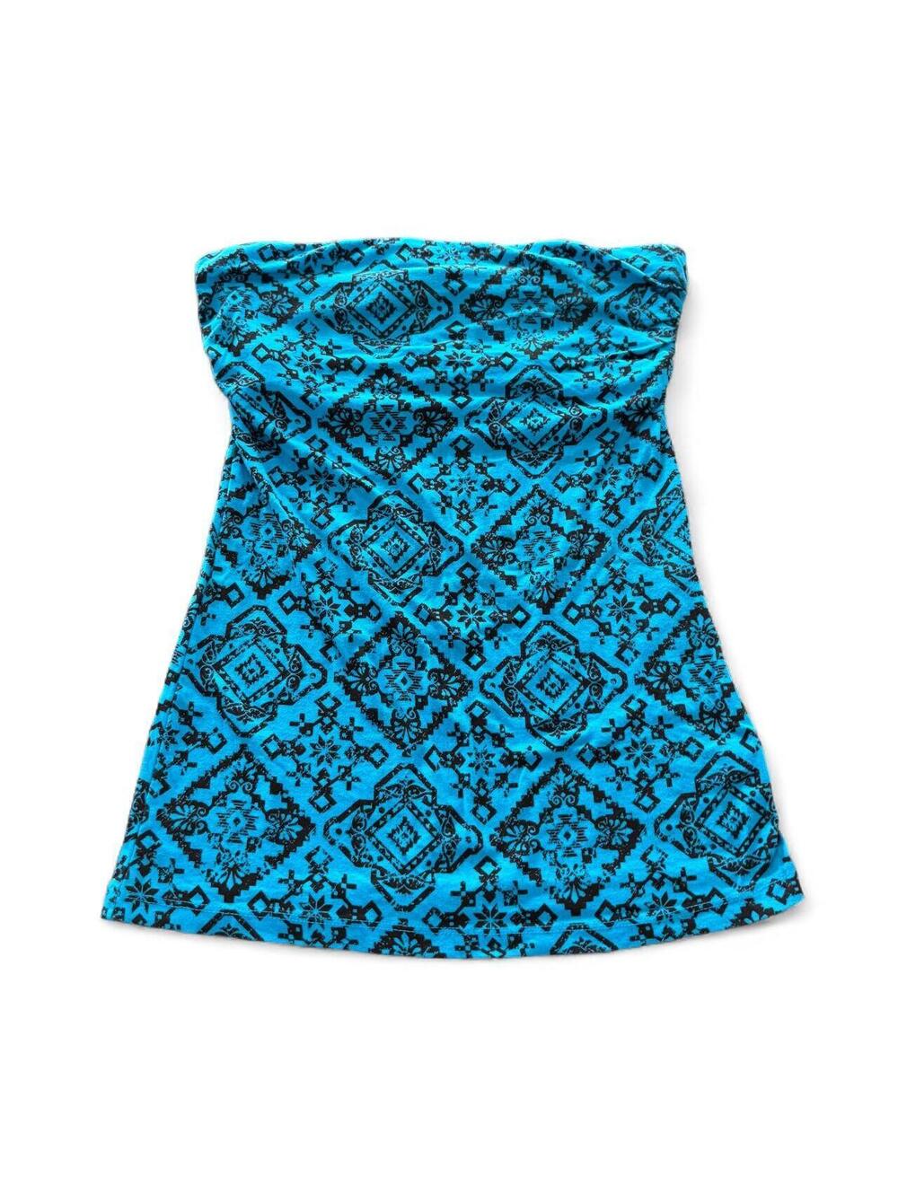 FANG Strapless Tube Top Turquoise Blue Geometric Print Size M Y2K Boho